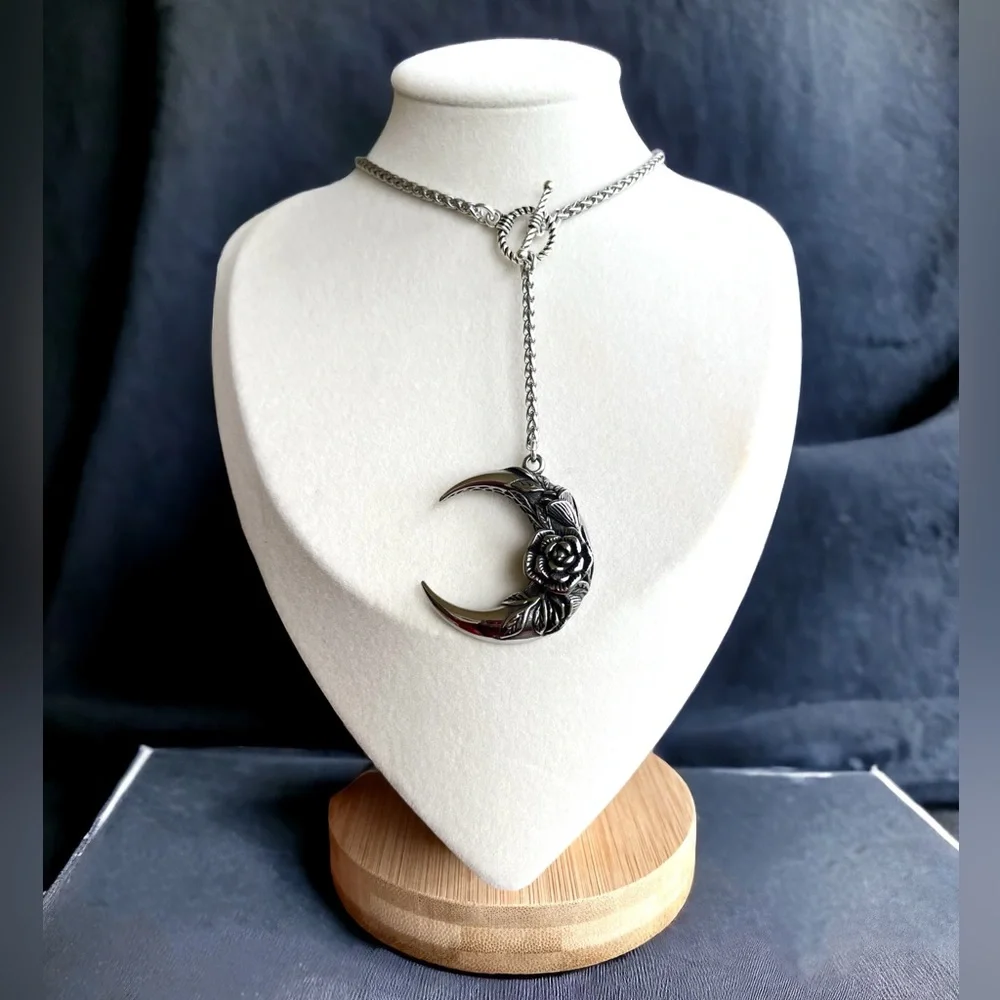 Handmade moon rose charm Y shape lariat stainless steel boho goth celt necklace